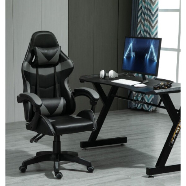 (Gray) Swivel Gaming Chair Faux Leather Office Reclining Chair